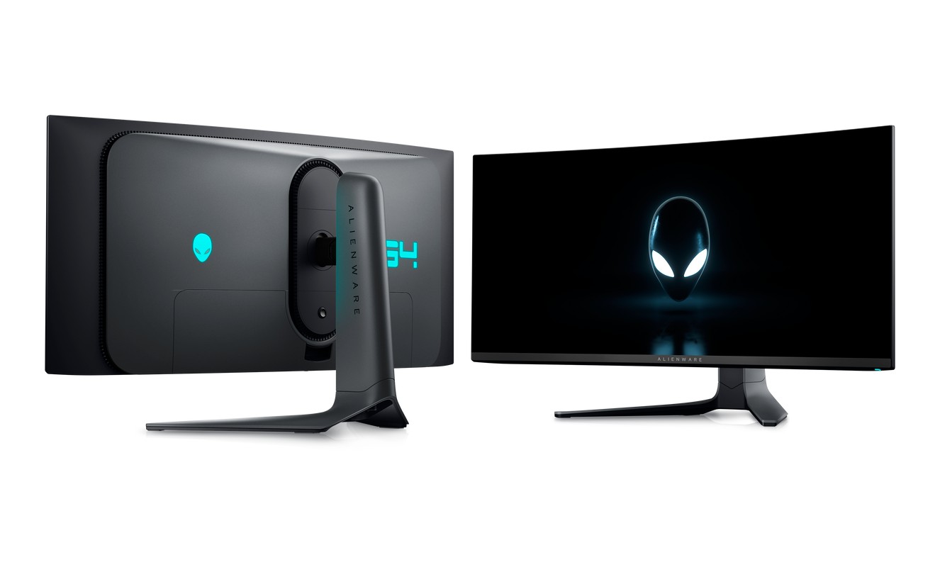 The front and back of the Alienware QD-OLED monitor.