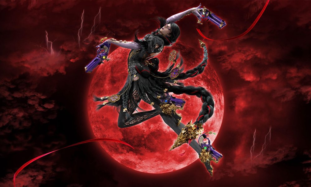 Bayonetta posing in the air with red background.