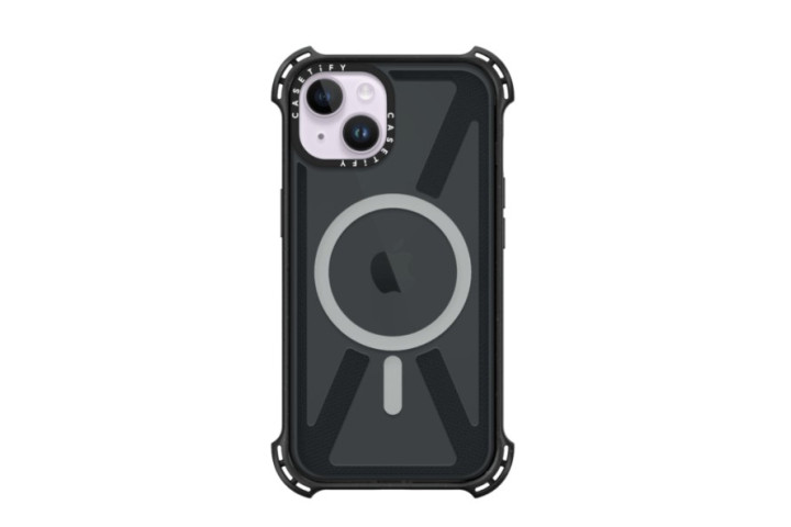 Casetify Bounce Case untuk iPhone 14 dalam warna hitam telus, dengan Bounce Corners untuk kusyen terhadap titisan.