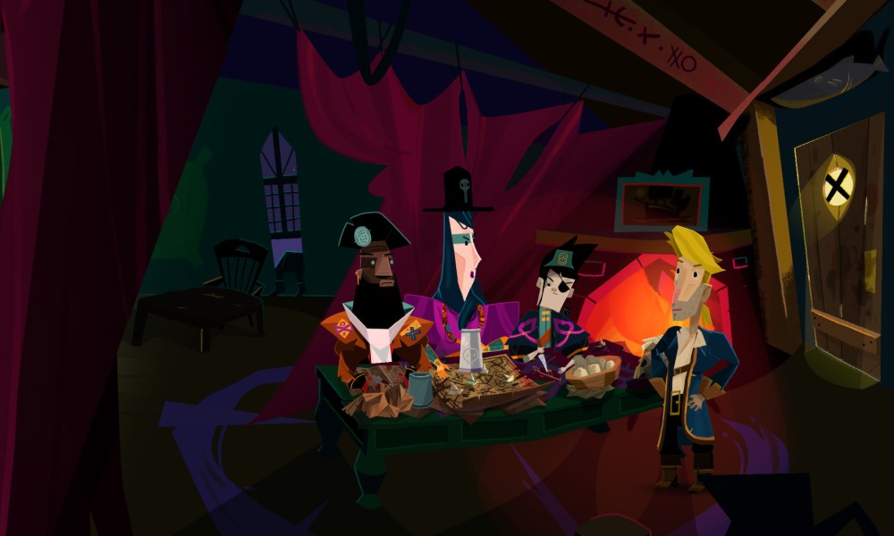 Four cartoonish pirates meet at a desk in Return to Monkey Island.