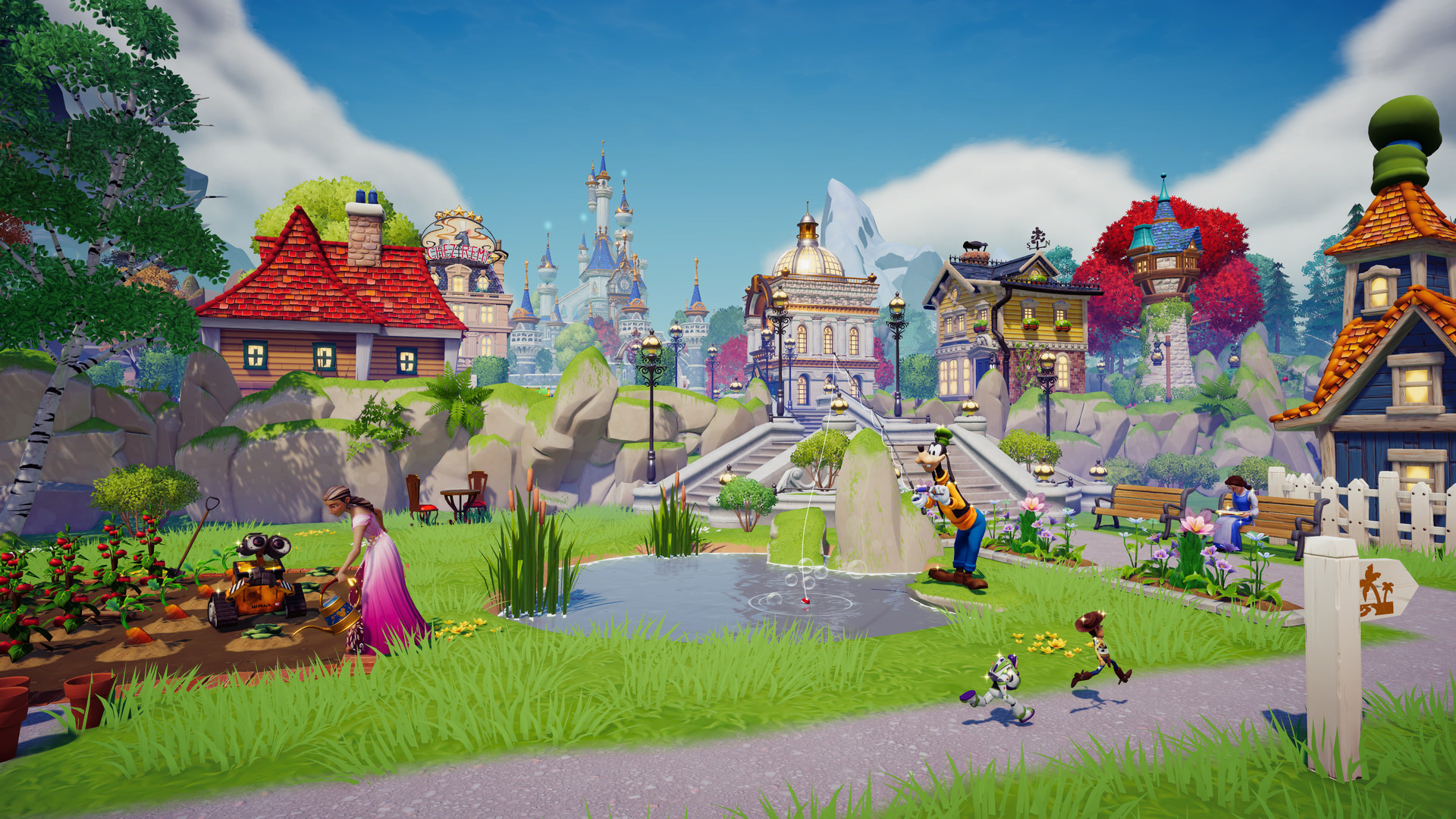 A town landscape appears in Disney Dreamlight Valley.