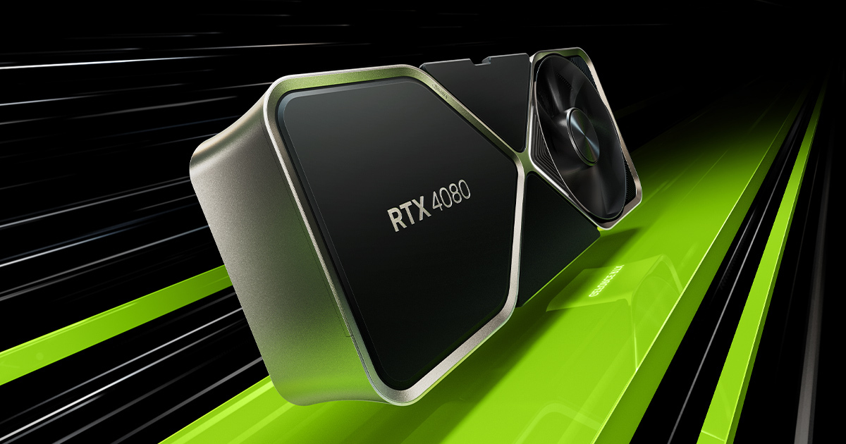 Neue Nvidia GeForce RTX 4080 GPU auf schwarzem und grünem Hintergrund.