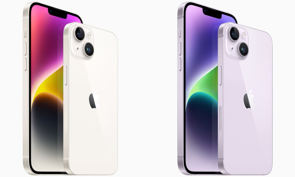 Apple iPhone 14 and iPhone 14 Plus in purple and silver colors.