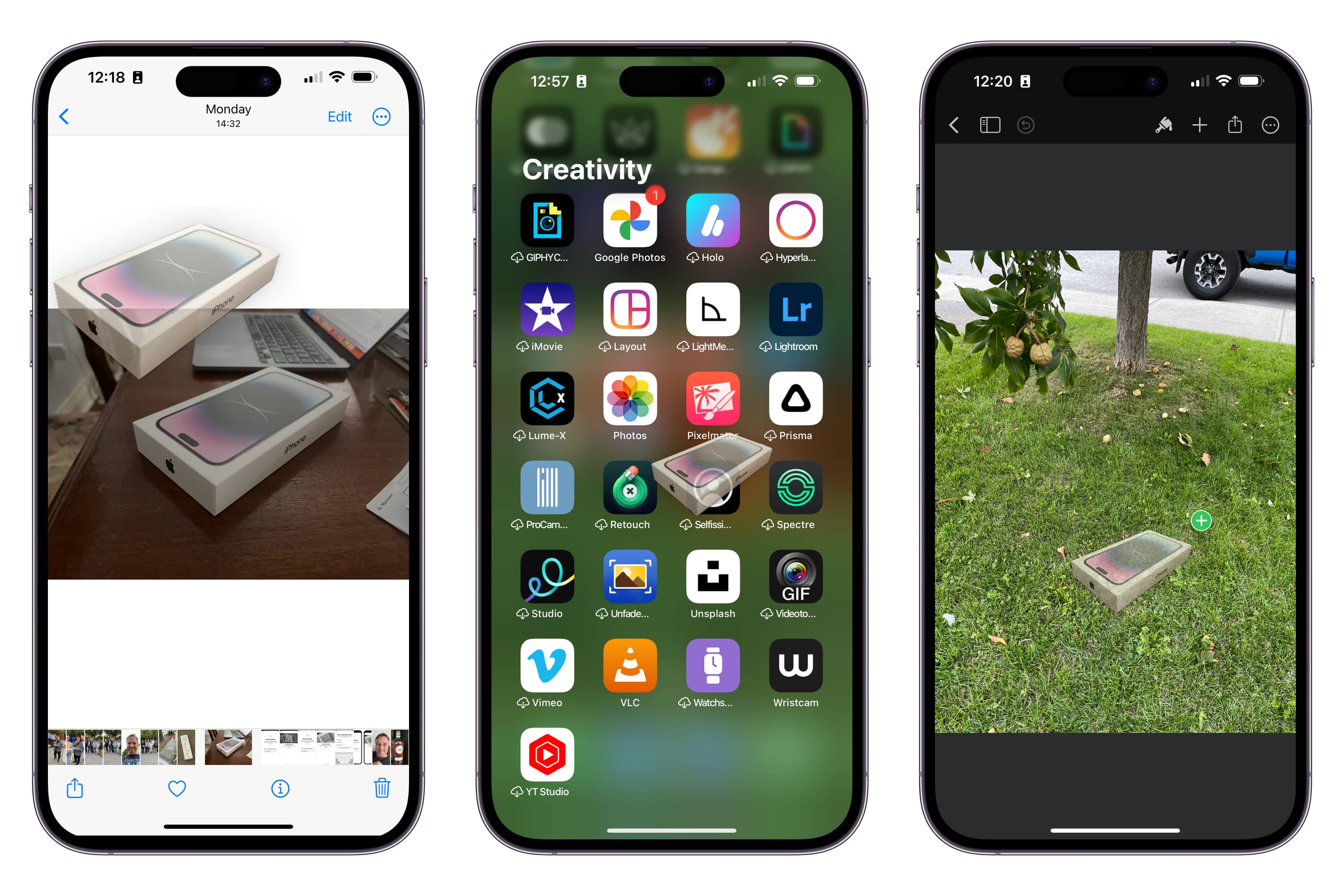 Drei iPhones zeigen Schritte zum Ziehen und Ablegen des Motivs eines Bildes in eine Fotobearbeitungs-App.