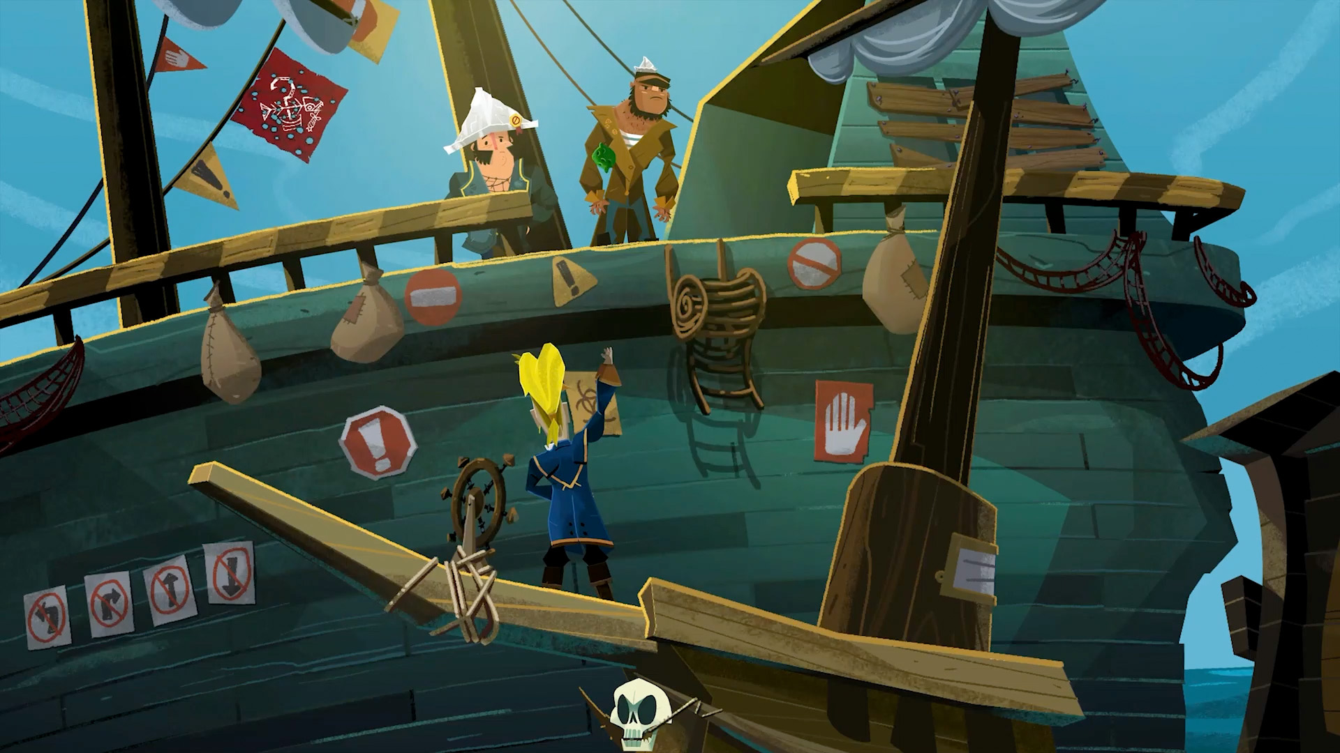 A blond pirate reaches his hand up the side of a ship in Return to Monkey Island