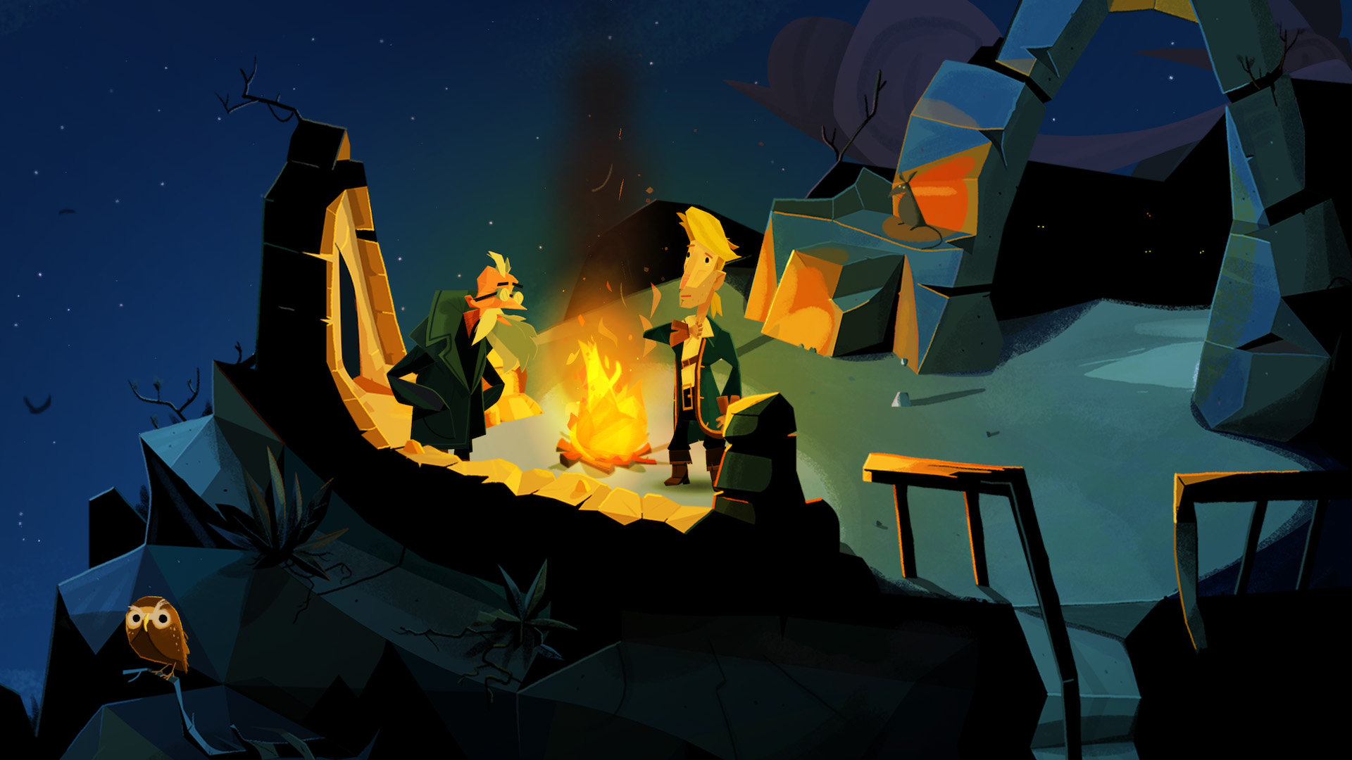 Guybrush Threepwood converses with another pirate over a campfire in Return to Monkey Island
