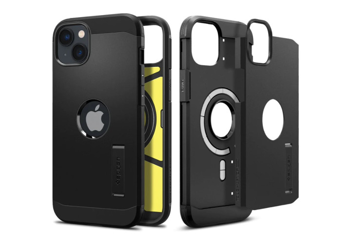 Spigen Tough Armor MagFit Case untuk iPhone 14, menunjukkan pandangan depan, belakang, dan sisi kes itu.
