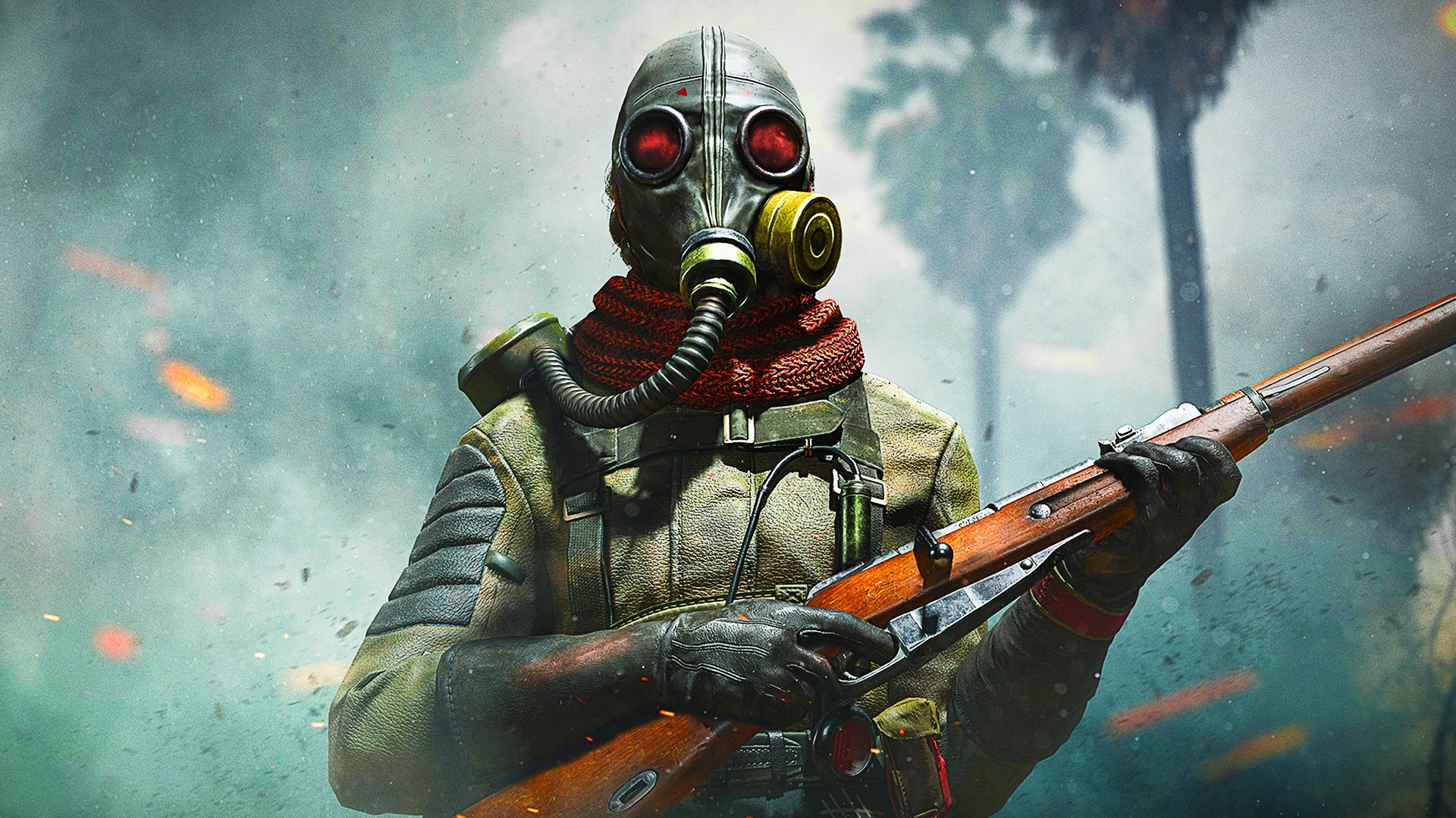 Character with gas mask holding weapon in Warzone.