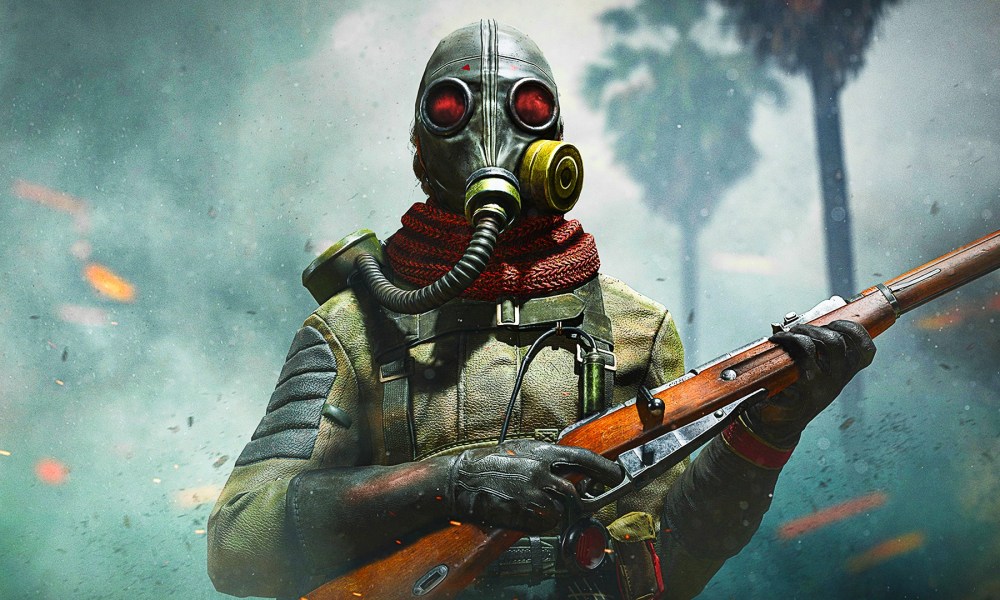 Character with gas mask holding weapon in Warzone.