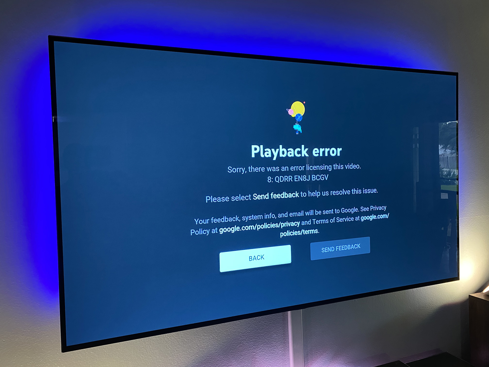 YouTube TV playback error.