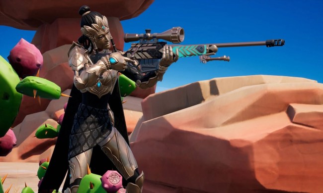 Armored fortnite character aiming with a DMR in a rocky field.