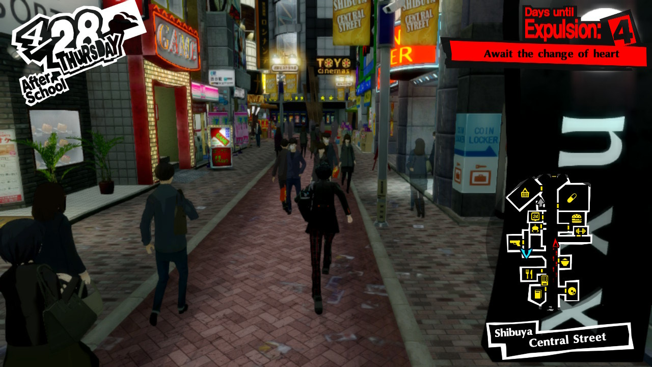 The main character in Persona 5 Royal runs through a crowded street in the Switch version of the game.