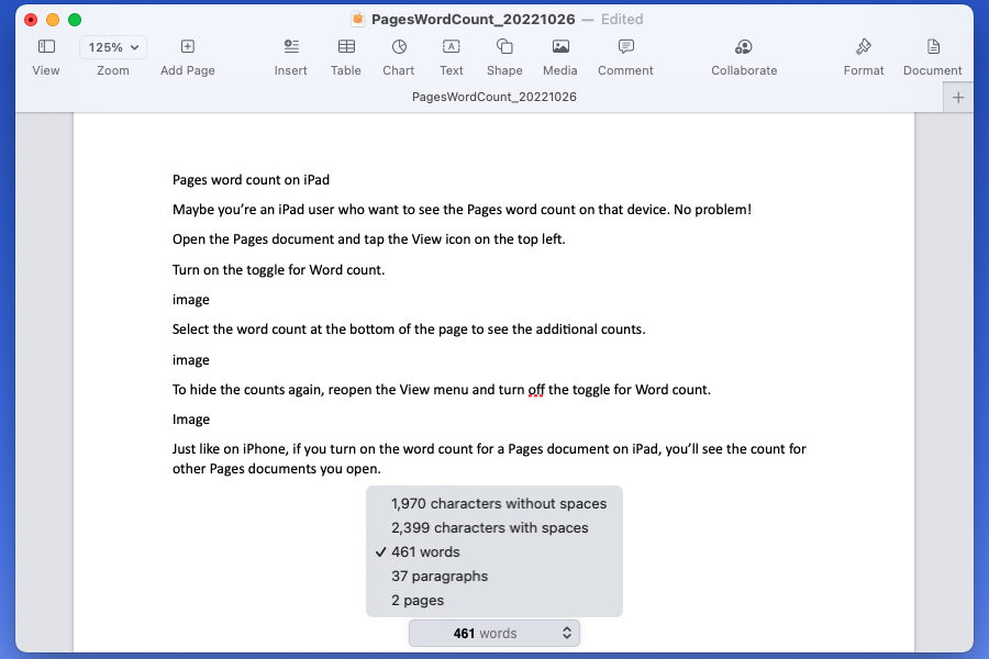 How to get the word count in Apple Pages
