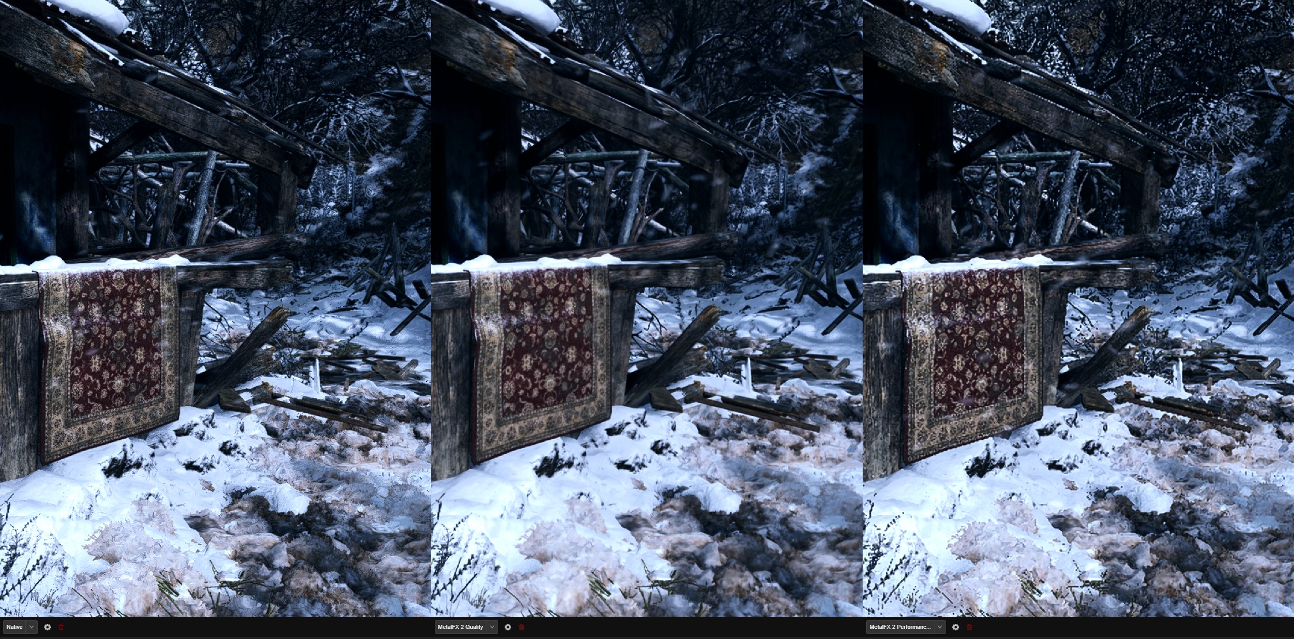 Three side-by-side photos comparing MetalFX upscaling modes.