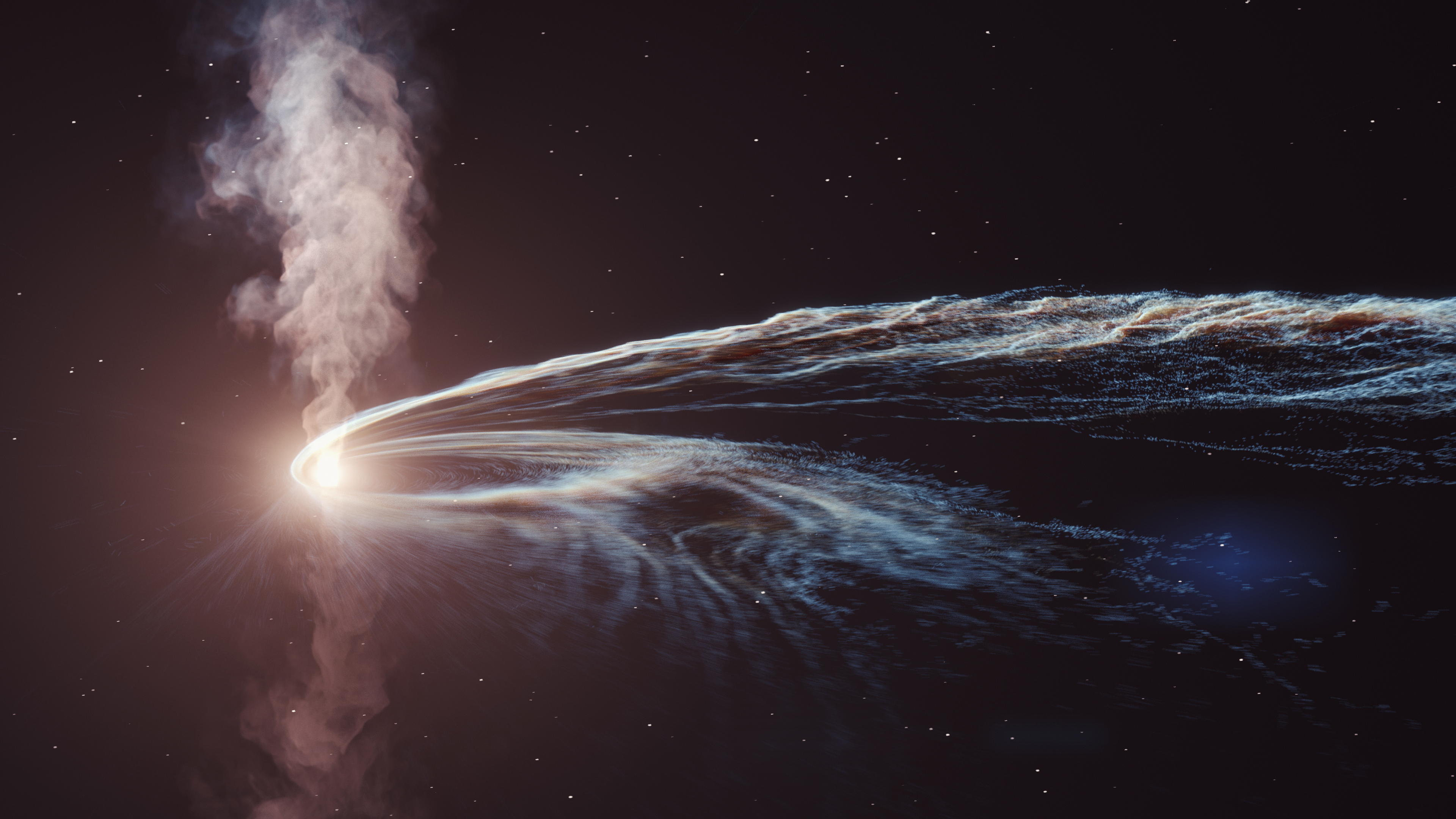   Künstlerische Illustration des Gezeitenstörungsereignisses AT2019dsg, bei dem ein supermassereiches Schwarzes Loch spaghettifiziert und einen Stern verschlingt.  Ein Teil des Materials wird vom Schwarzen Loch nicht verbraucht und wieder in den Weltraum geschleudert.