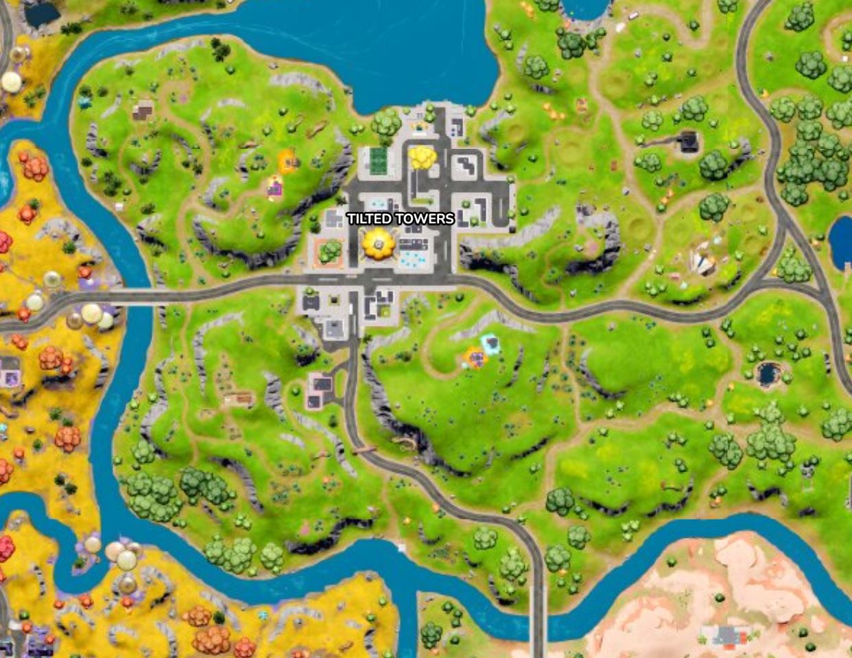 Map of Tilted Towers in Fortnite.
