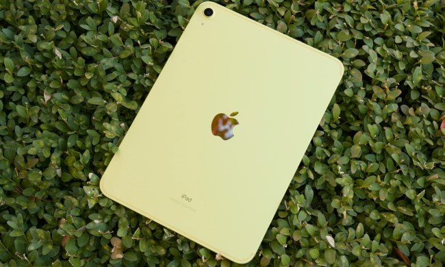 The yellow iPad (2022) lying face-down on a green bush.