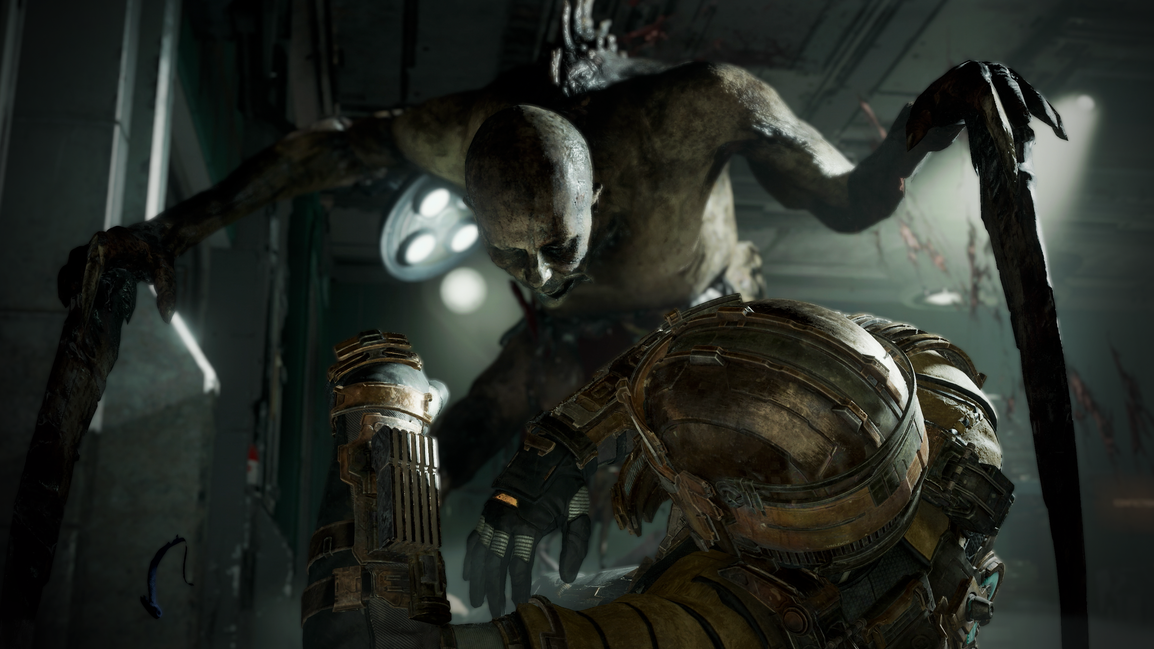 A necromorph attacks Isaac Clarke in Dead Space.