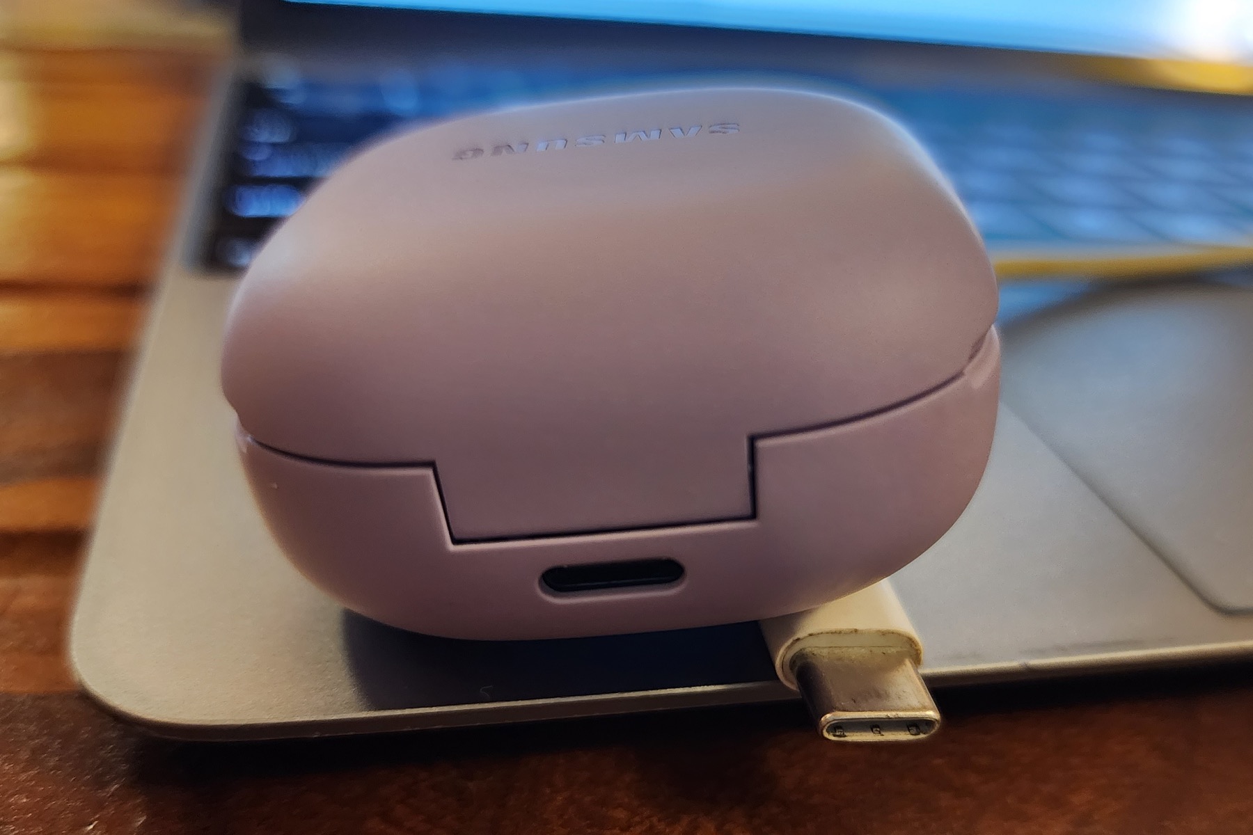 Samsung Galaxy Buds 2 Pro with a USB-C cable.