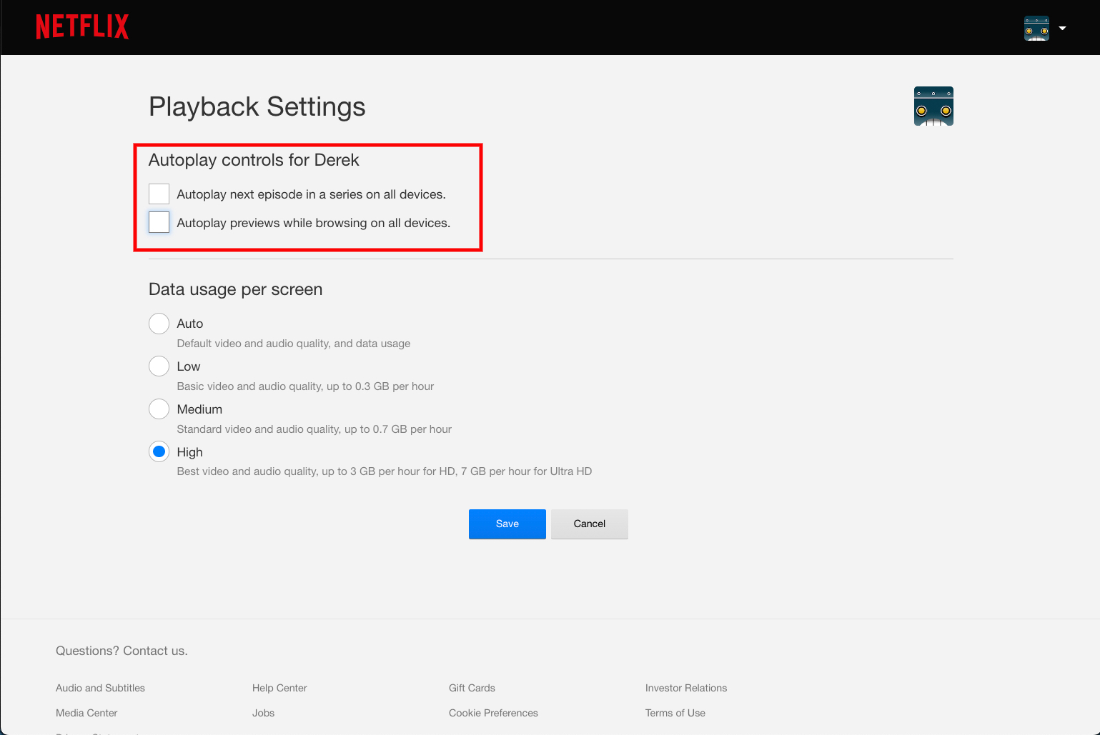 How to turn off Netflix autoplay -- Playback Settings on/off buttons.