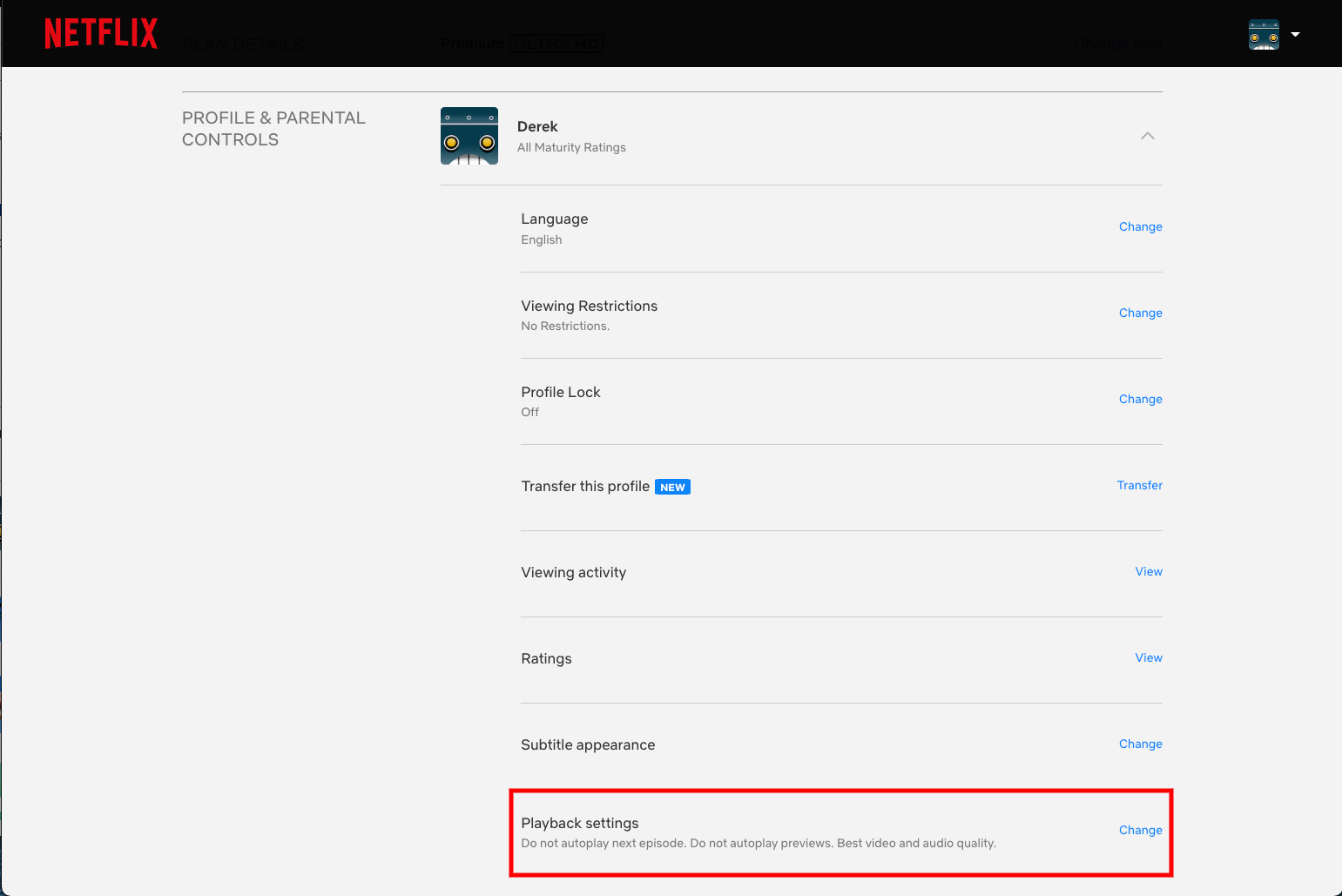 How to turn off Netflix autoplay -- Playback Settings.