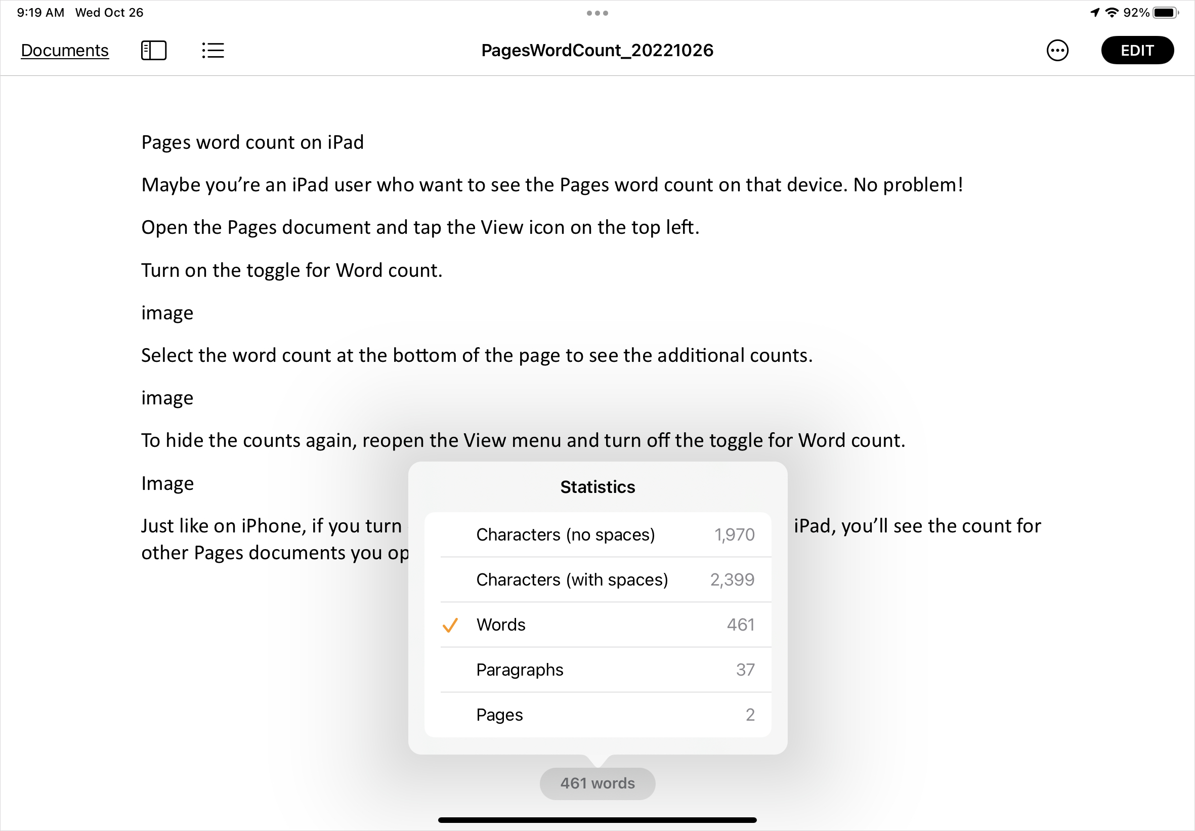 How to get the word count in Apple Pages