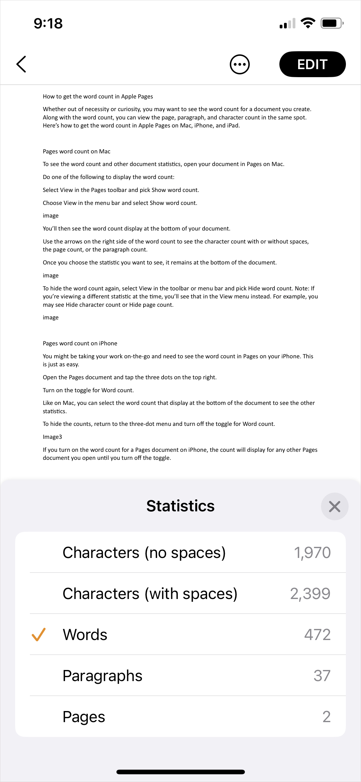 Как узнать количество слов в Apple Pages