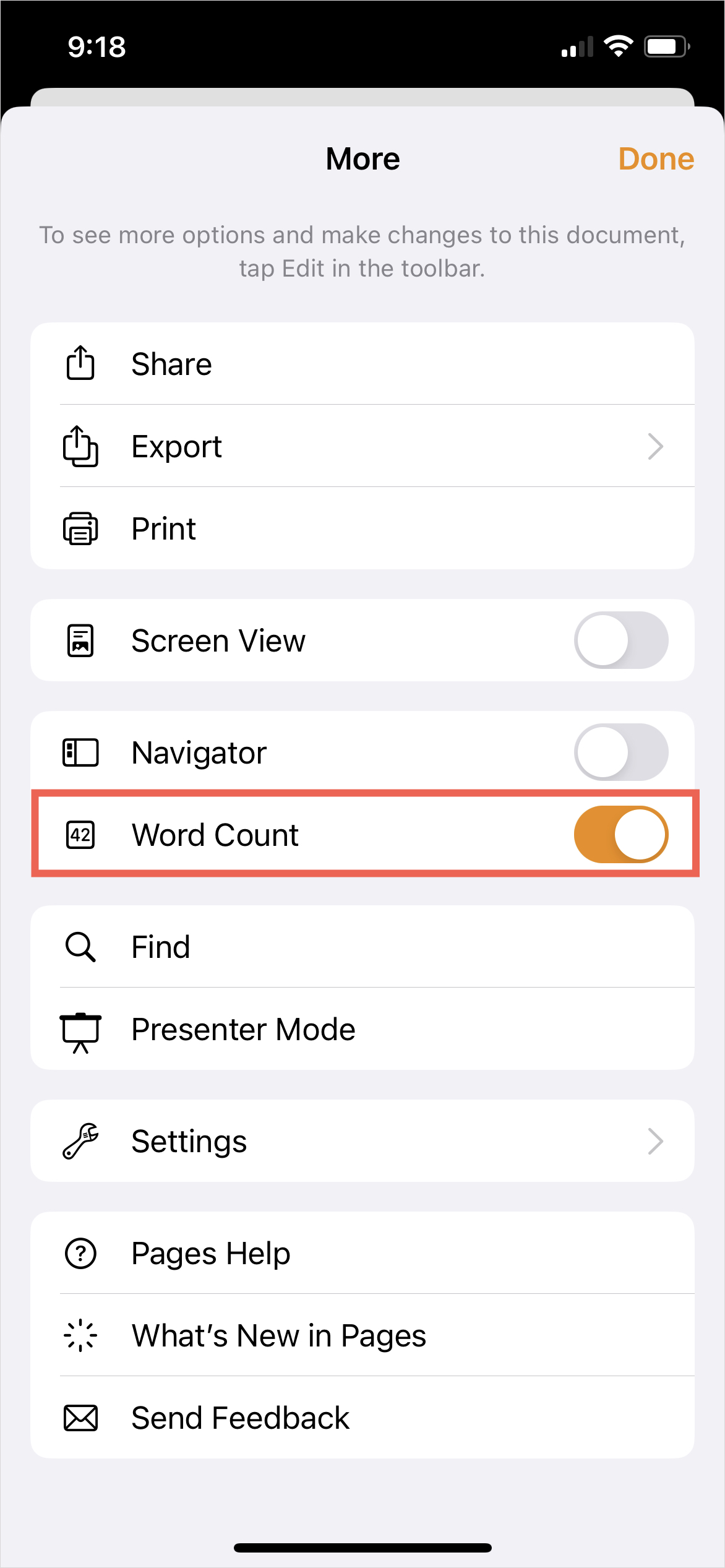 How to get the word count in Apple Pages