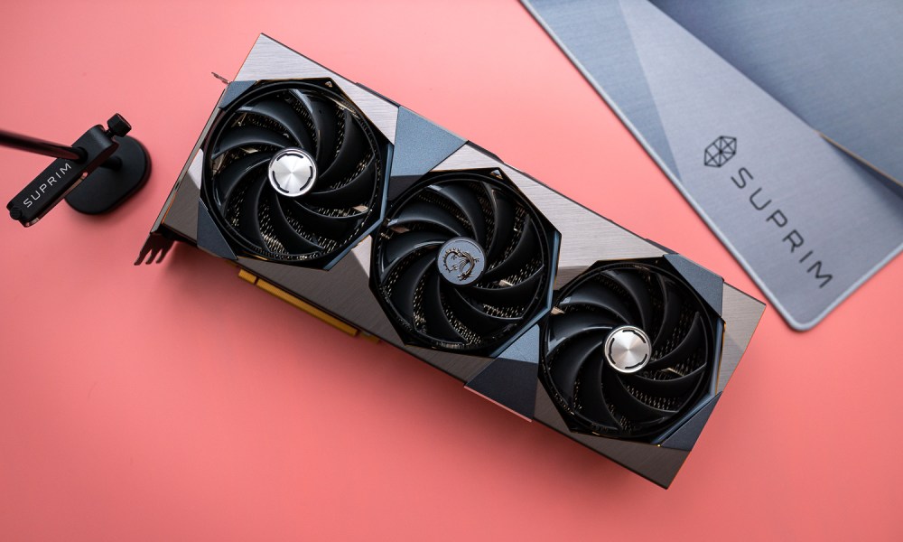 MSI RTX 4090 Suprim X on a pink background.