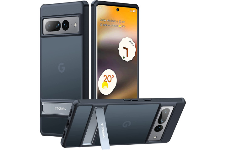 Torras MarsClimber Case in Translucent Black for the Pixel 7 Pro, showing the front and rear view of the case, plus the foldout kickstand.