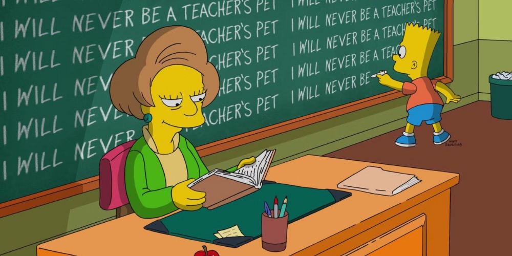 Edna Krabappel est assise à son bureau pendant que Bart écrit au tableau