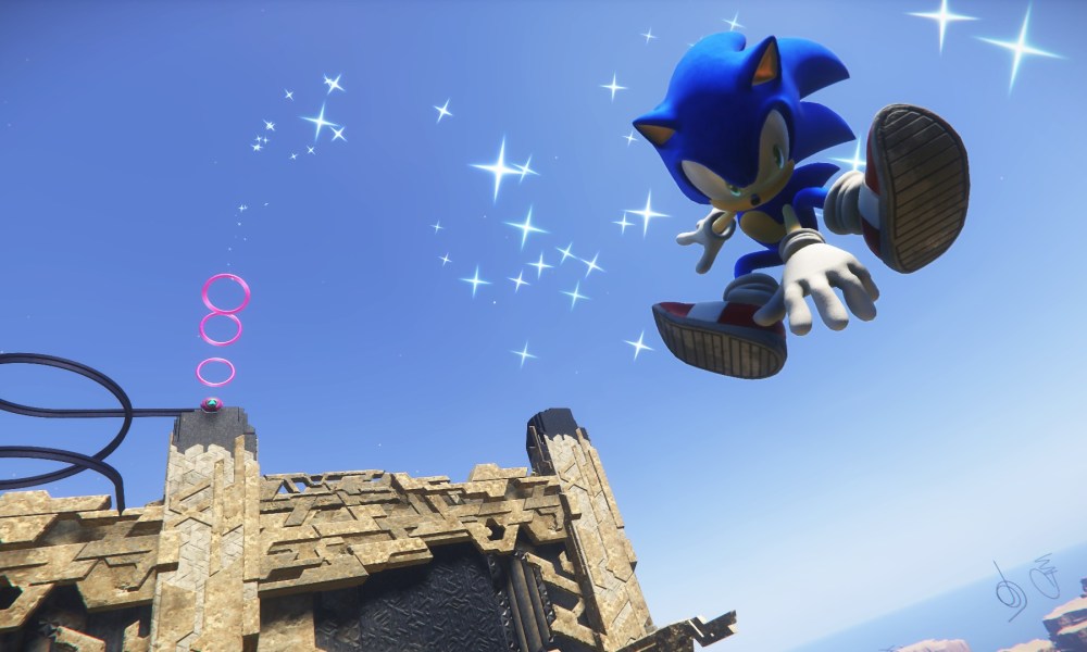 Sonic performing an air trick in Sonic Frontiers.