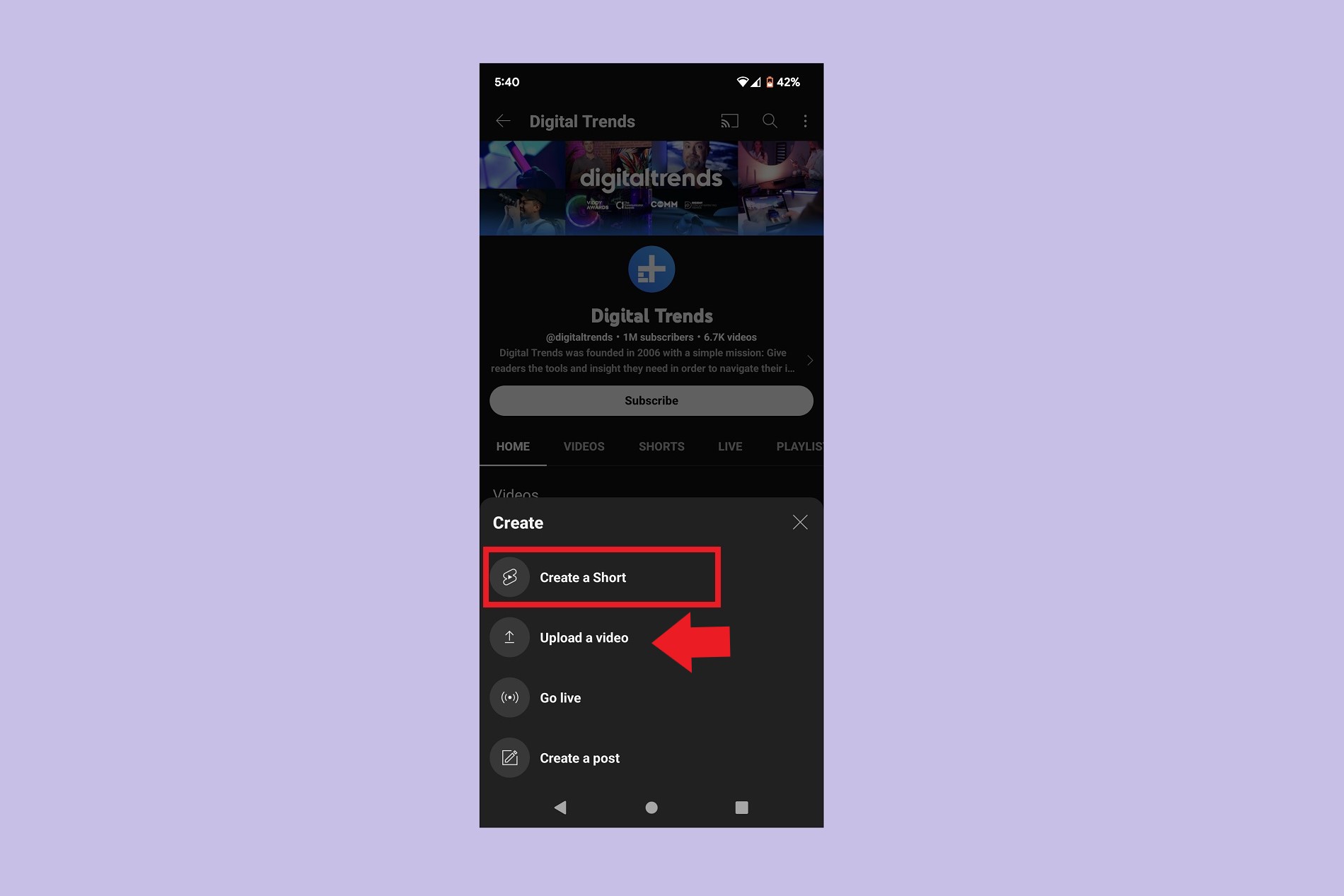 Selecting the Create a Short menu option in the YouTube mobile app.