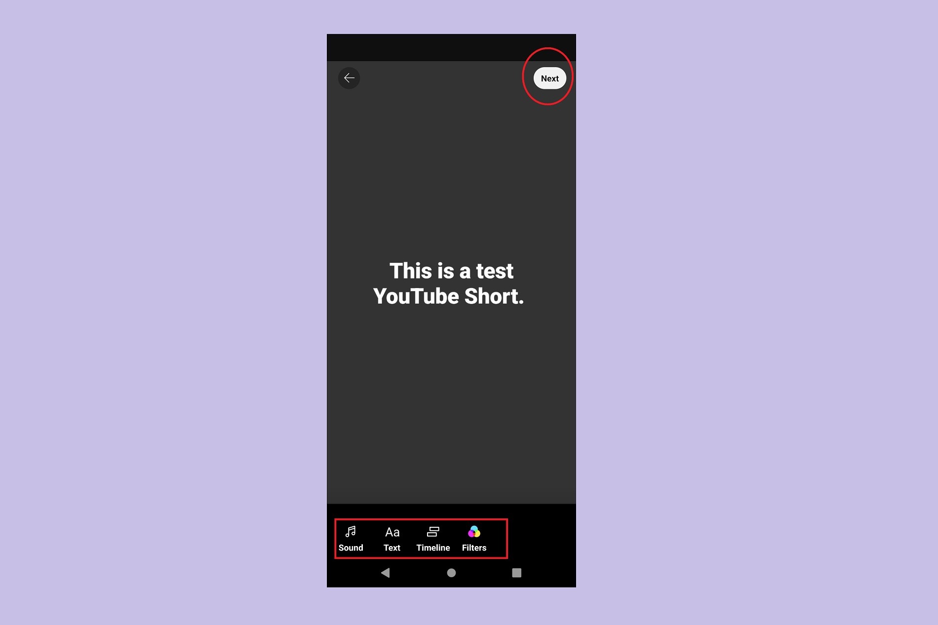 The YouTube Shorts preview video and add text screen.