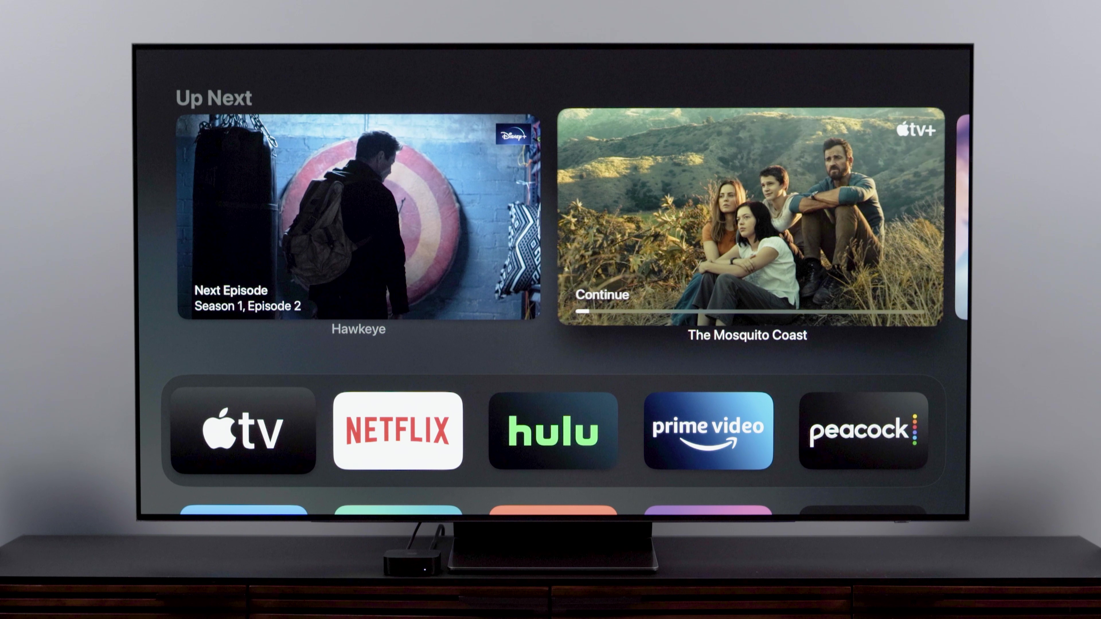 Apple TV homescreen customized to show "up next" river instead of suggested content