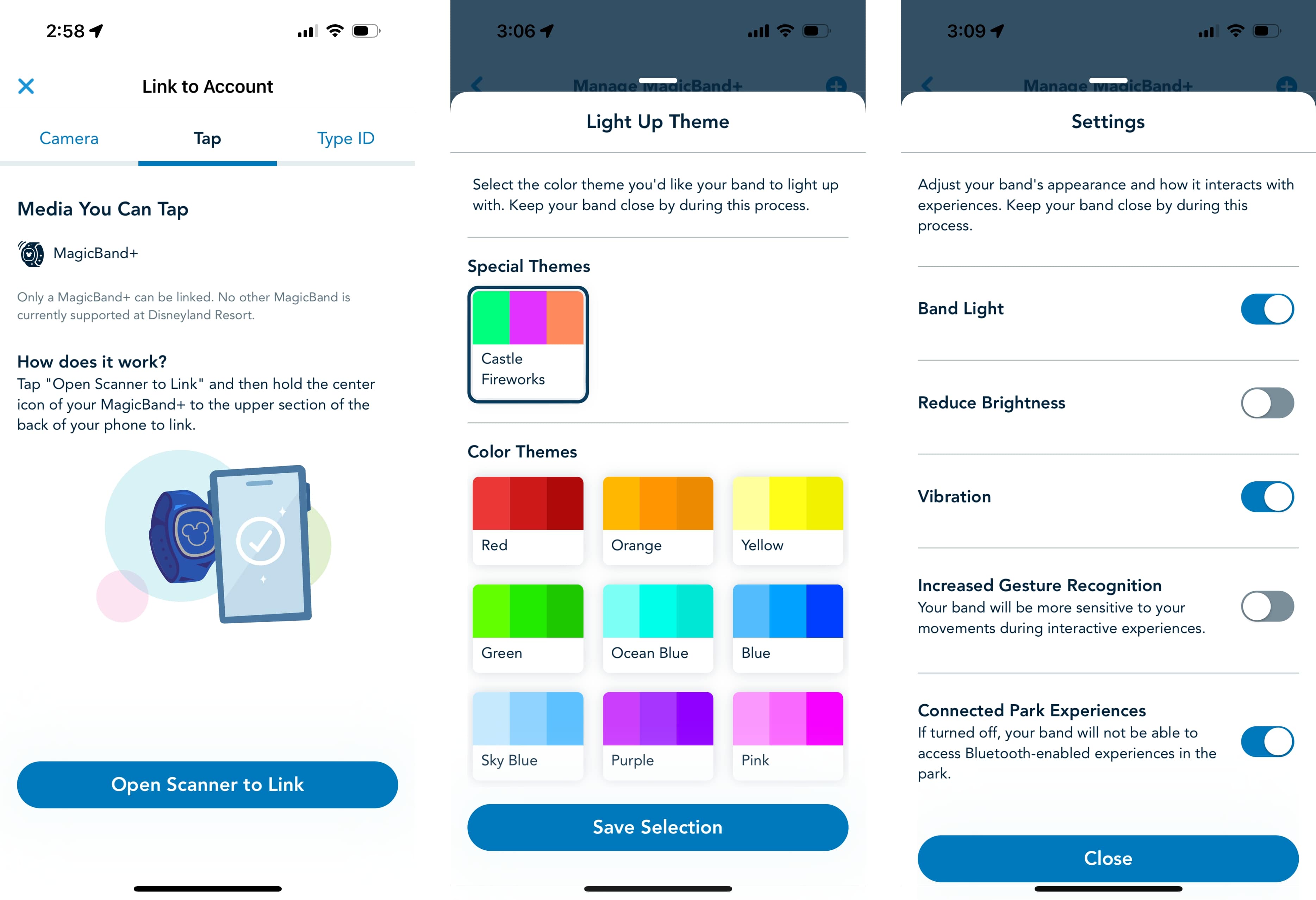 Captures d'écran de l'application Disneyland pour configurer MagicBand+, sélectionner un thème d'éclairage et personnaliser les paramètres