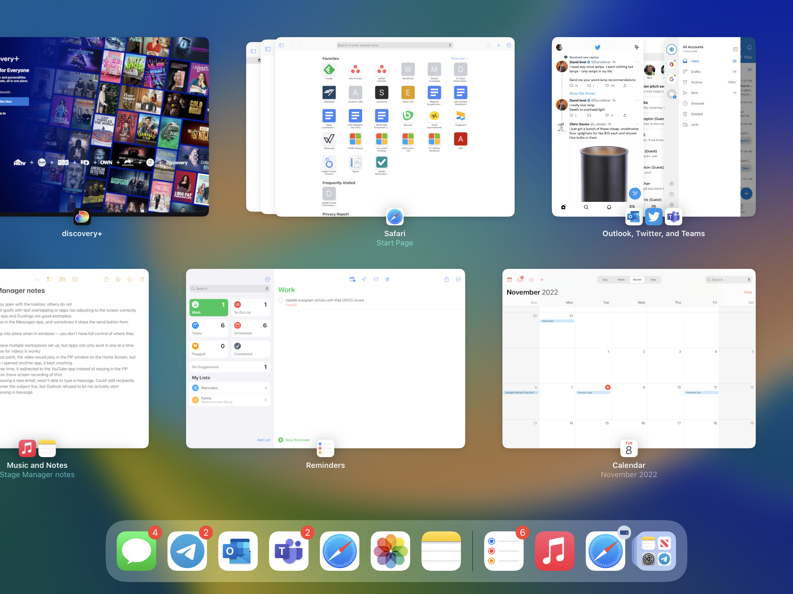 The recent apps menu while using Stage Manager on iPadOS 16.