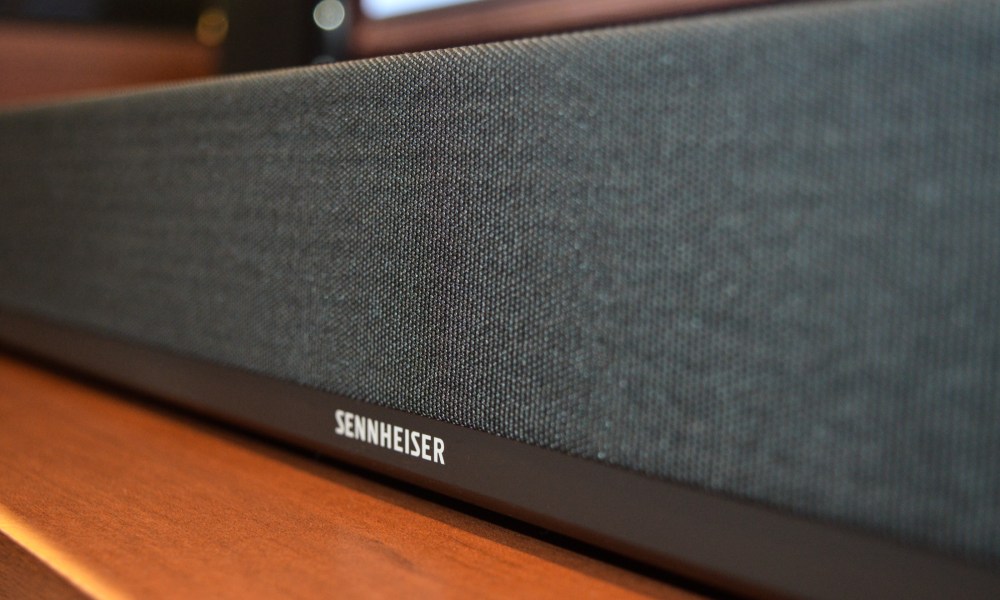 Logo close-up of Sennheiser Ambeo Soundbar Plus.