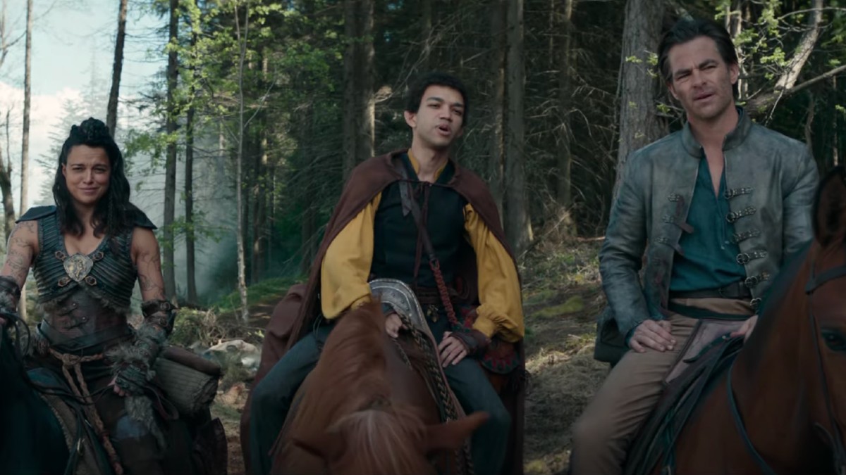 Drei Personen sitzen auf Pferden und starren auf eine Szene aus Dungeons & Dragons.