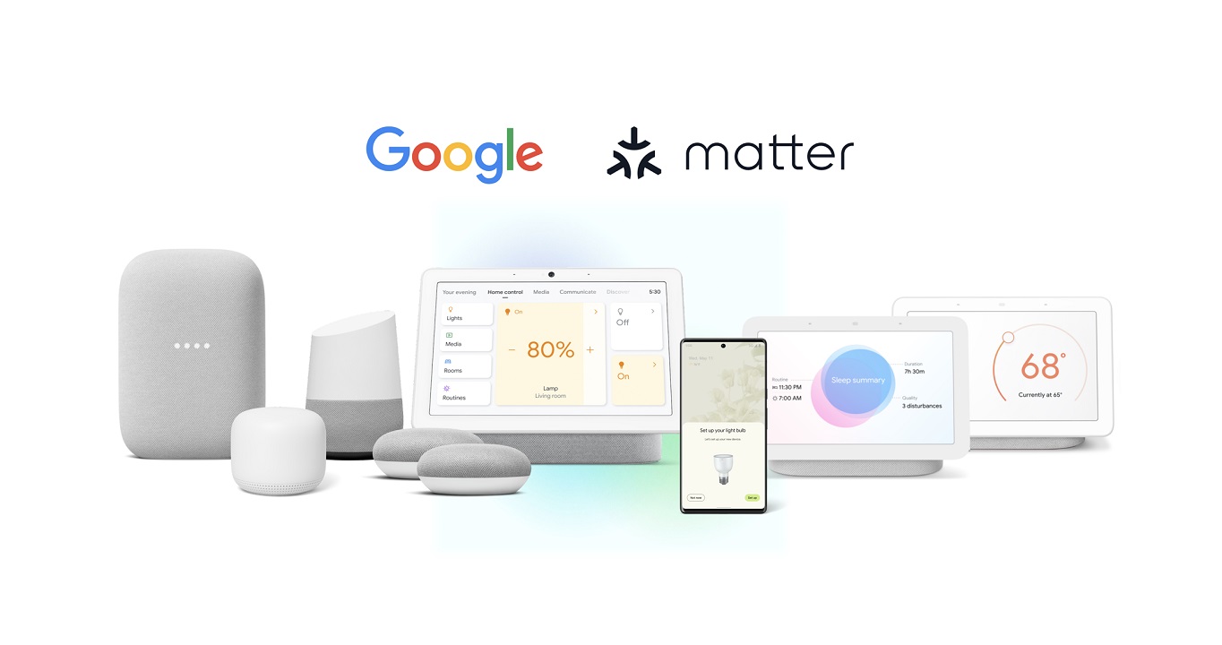 Vários produtos do Google que agora oferecem suporte ao Matter, exibidos em um fundo branco.