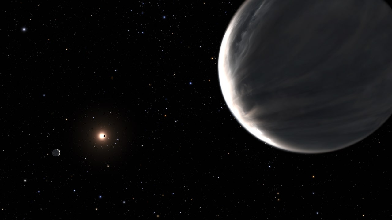 इस उदाहरण में सुपर-अर्थ केप्लर-138 डी अग्रभूमि में है। बाईं ओर, ग्रह केपलर-138 सी, और पृष्ठभूमि में ग्रह केपलर 138 बी, अपने केंद्रीय तारे को स्थानांतरित करने वाले सिल्हूट में देखा जाता है।