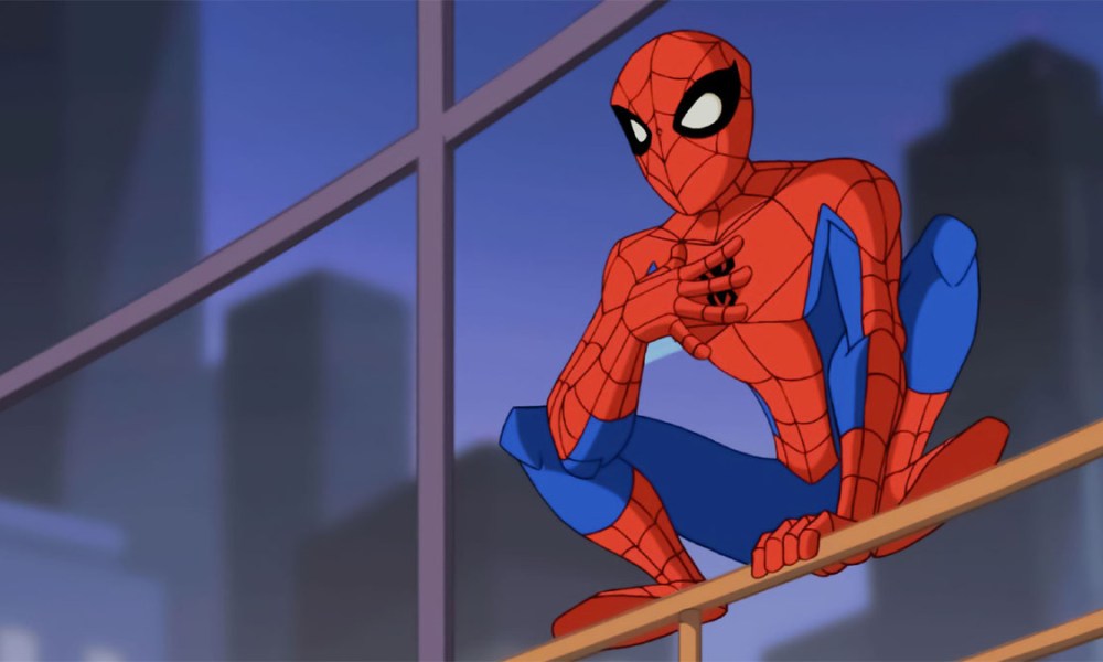 Spider-Man on a perch in "The Spectacular Spider-Man."