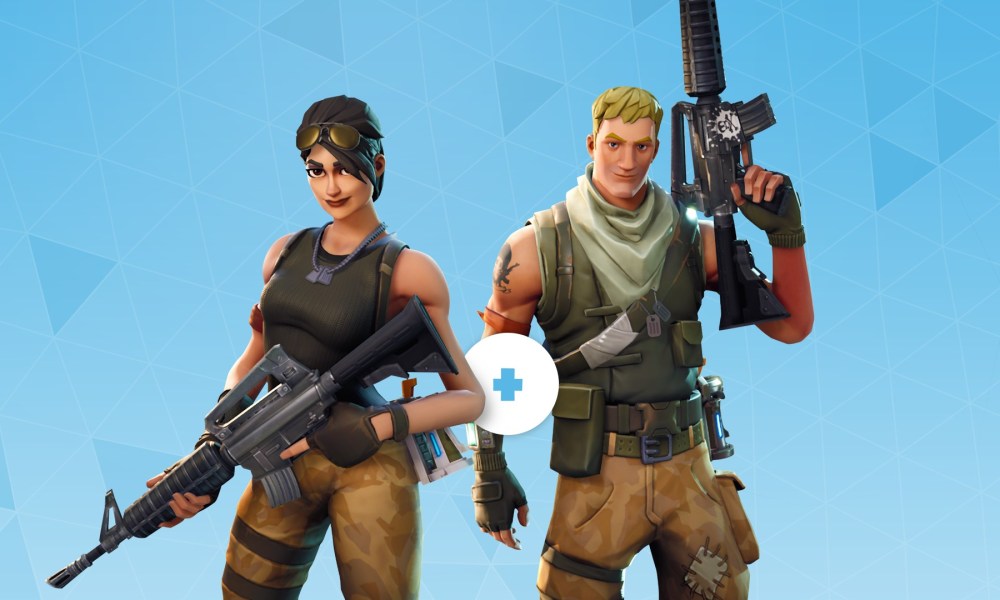 Two Fortnite characters pose while holding guns.