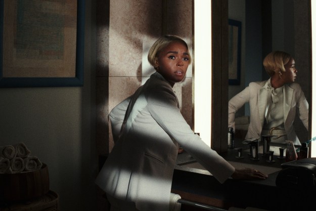 Janelle Monae looks suspicious in Glass Onion.