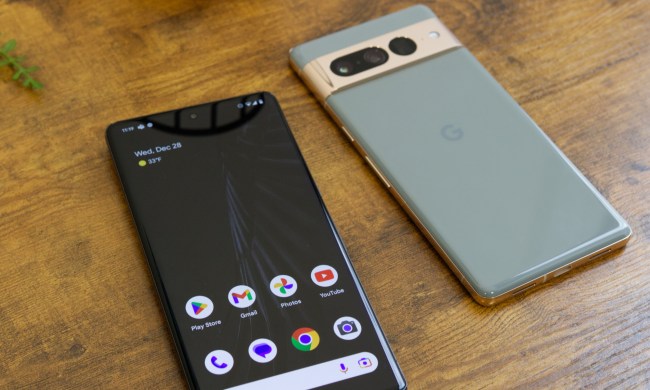 Two Google Pixel 7 Pro smartphones.