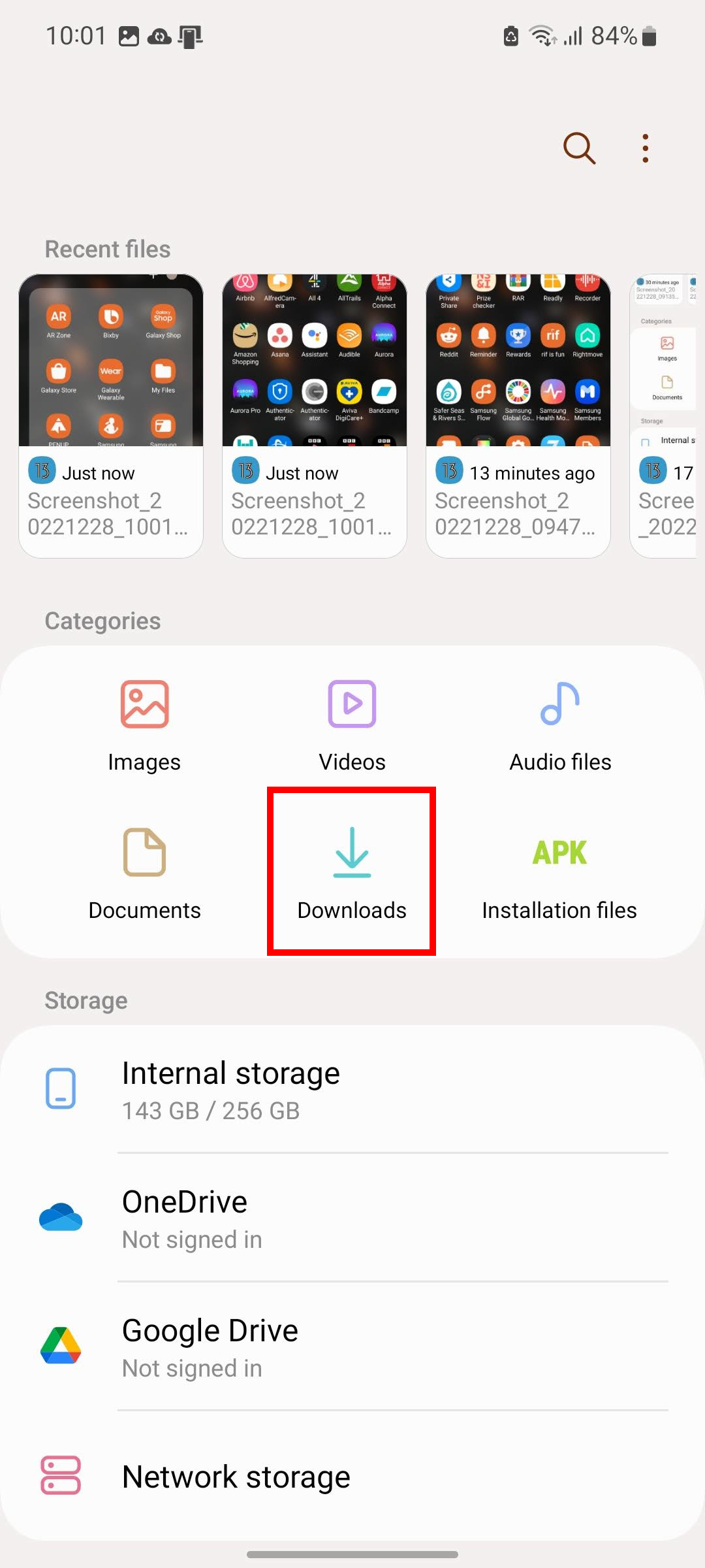 Die Samsung My Files-App.  „Downloads“ ist hervorgehoben.