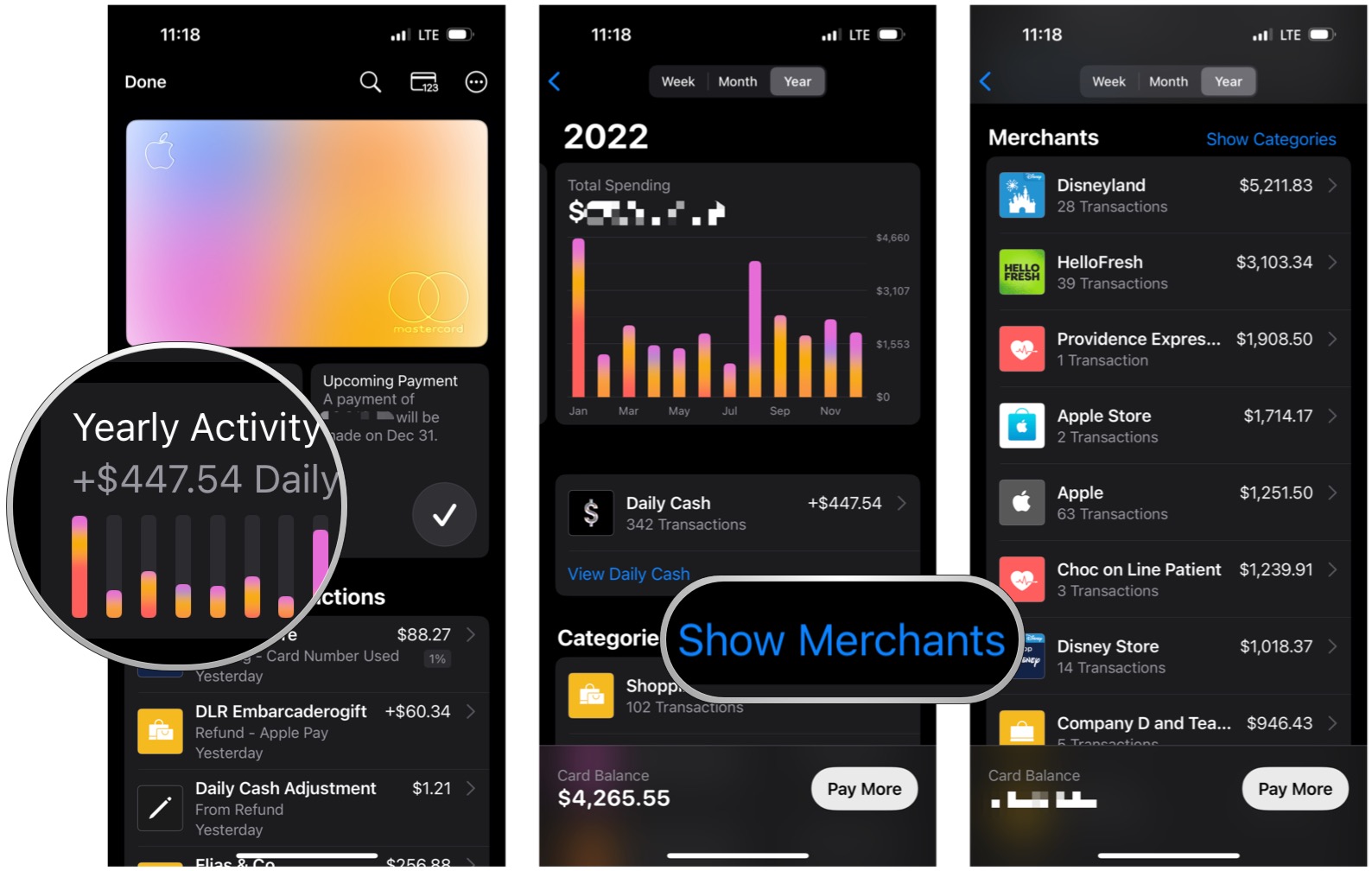 In Wallet app on iPhone, select Apple Card, select Weekly/Monthly/Yearly Activity tile, select Show Merchants