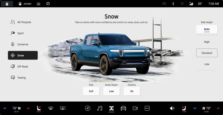 Rivian Snow Mode information screen.