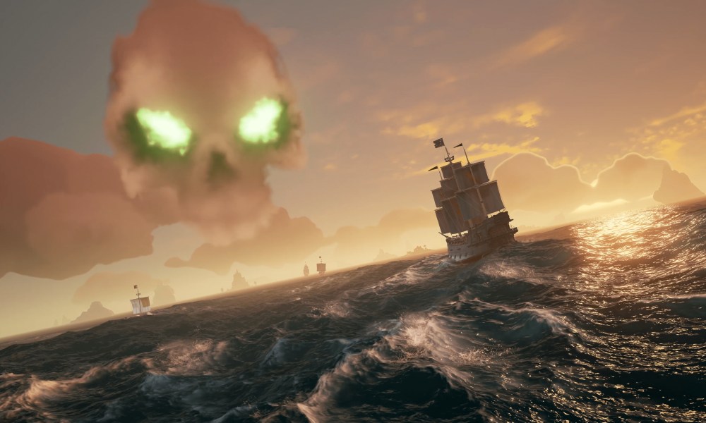 A boat sails on the ocean in Sea of Thieves.