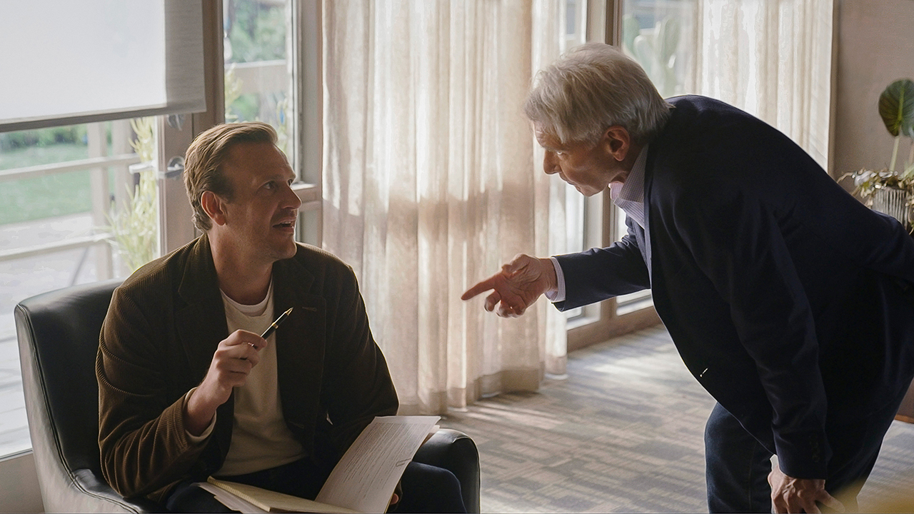 Harrison Ford pointing a finger at Jason Segel in an image from Shrinking on Apple TV+.